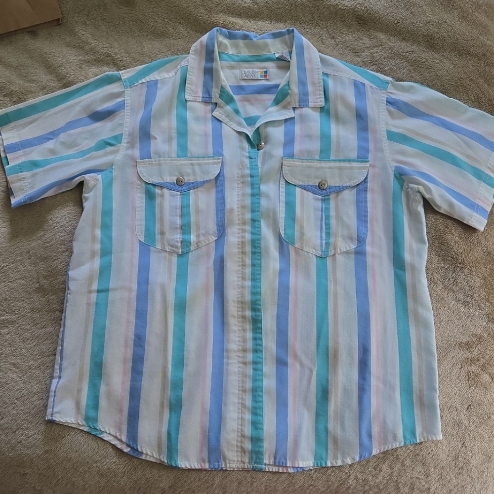 Claudia Barnes Vintage Pastel Striped Short Sleeve Button-Up Shirt